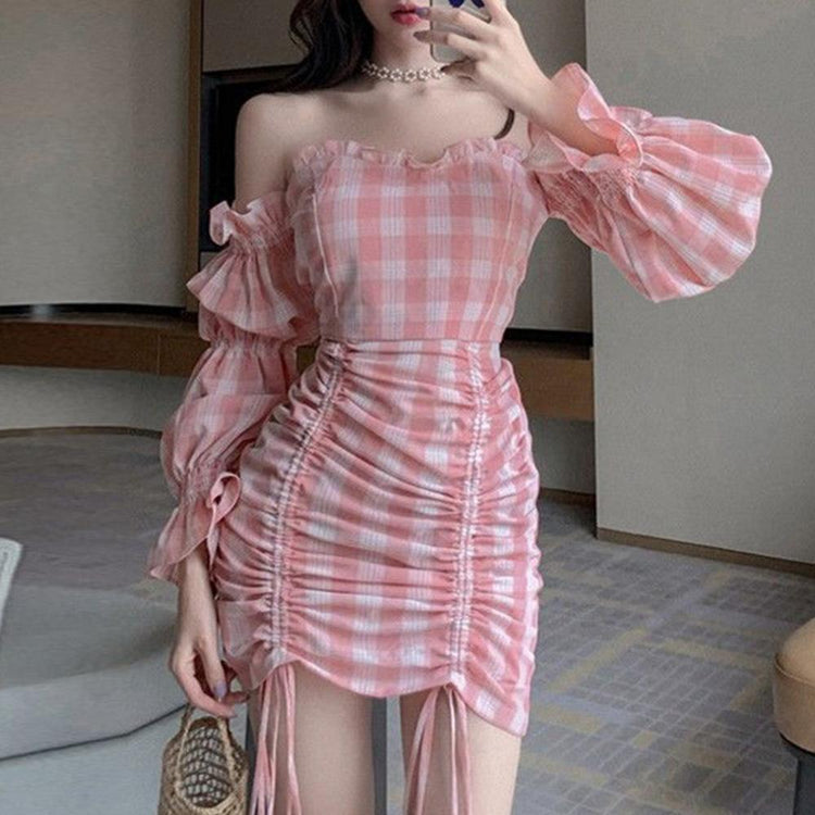 70% 2021 New Women Pink Sweet Long Sleeve Off Shoulder Long Puff Sleeve Plaid Drawstring Bodycon Strapless Dress Fairy