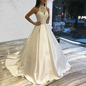 ANGELSBRIDEP Robes De Soirée Halter Satin Ball Gown Wedding Dress A Line Sleeveless Appliques Bridal Gown Vestidos De Fiesta