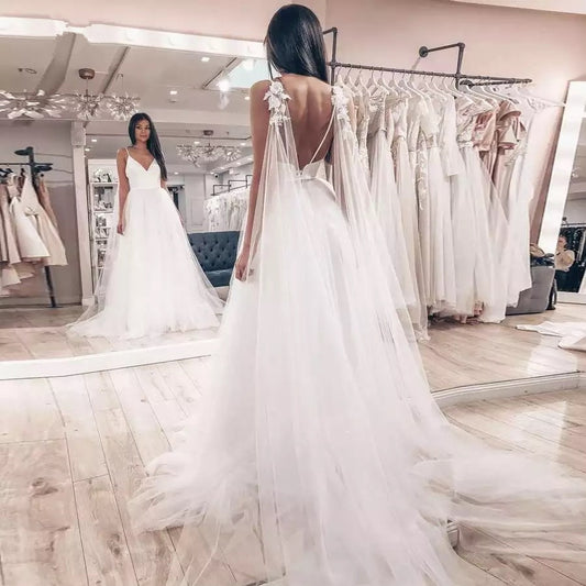 Sexy Spaghetti Straps Tulle Skirt Top Satin Sleeveless V-neck Boho Backless 2021 Wedding Dress Bride Dress