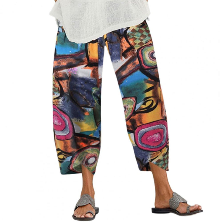 Summer Women Casual Pants Printed Loose Irregular Hem Casual Pants Plus Size Elastic Waist Wide Leg Pants Dating