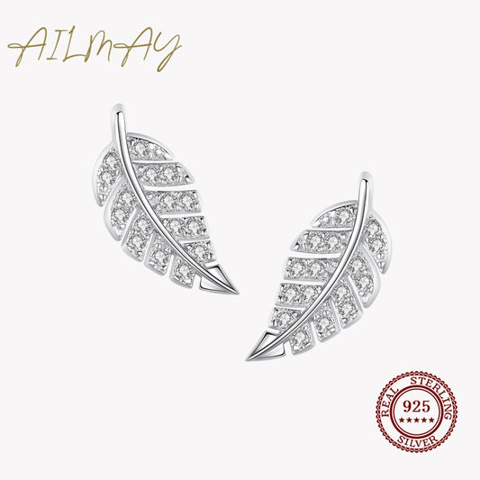 Ailmay Top Quality Real 925 Sterling Silver Simple Fashionc Feather Stud Earrings Sparkling CZ Fine Female Fashion Jewelry