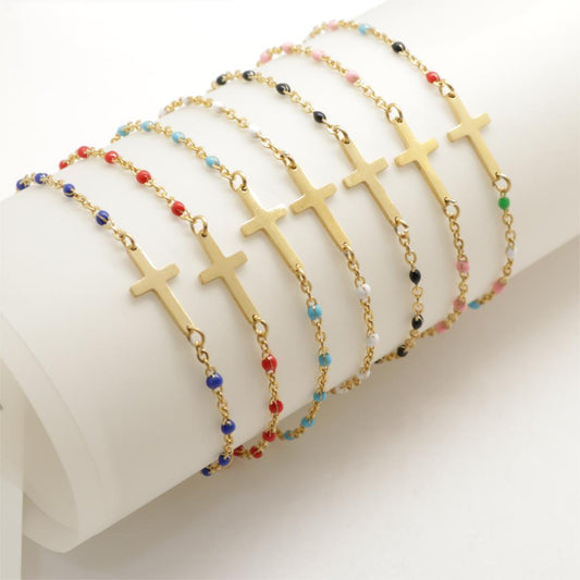 1 PC New Hot 304 Stainless Steel Bracelets For Women Gold Color Mixed Enamel Cross For Beautiful Gift 18cm(7 1/8") long