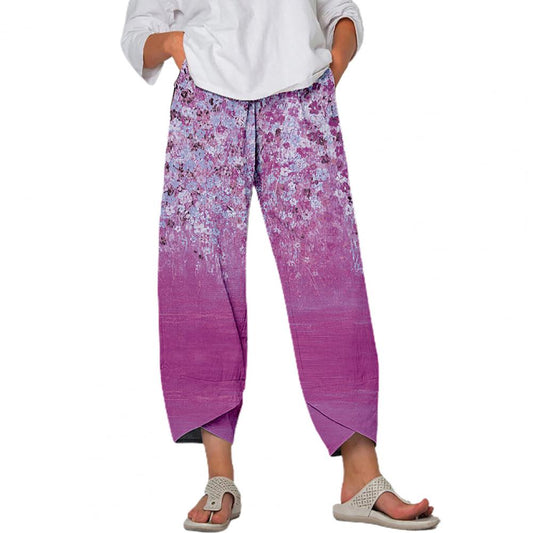 Fashion Flower Print Sweatpants Loose Soft Women Wide Leg Pocket Ninth-Length Harem Pants Ladies Yoga Trousers