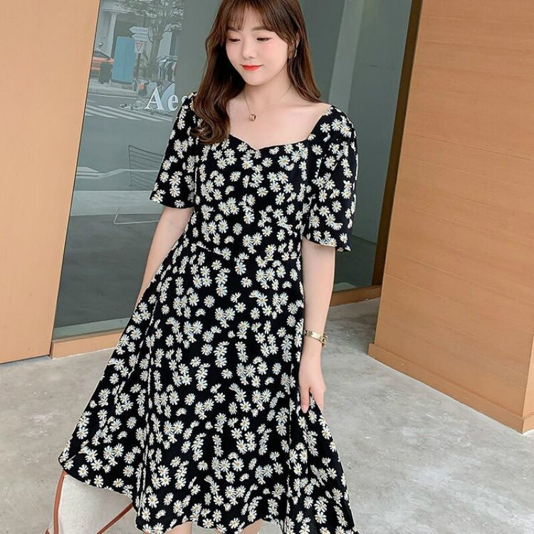 Short Sleeve Dress Women Daisy Print Square Collar Mid-calf Large Size 4XL Loose Slim Elegant Simple Korean Style Ins Trendy New