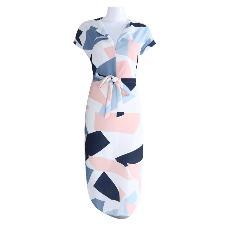 Women Summer Geometric Print Color Block Beach Pencil Dress Short Sleeve Midi Party w/Belt N2UE