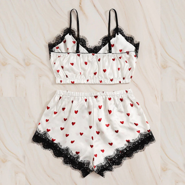 Sexy Pink Cute Women's Bra Set Heart Print Pajama Set Soft Polyester Lingerie Lady Smooth Underwear Bra+Brief Set Lace Lingerie