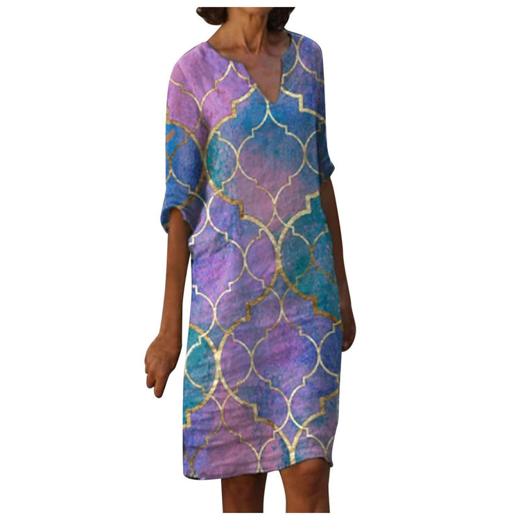 2021women's Fashion Clothing Medium Length Printed Half Sleeve V-neck Dress Casual Color Fish Scale Ladies Elegant Dress#X5