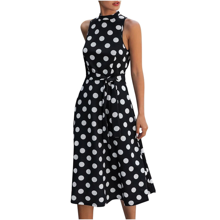 Summer Elegant Fashion Polka Dot Long Dress Women‘s Casaul High Waist  Pleated Frenulum Knee-Length Dress Daily Office  Dress