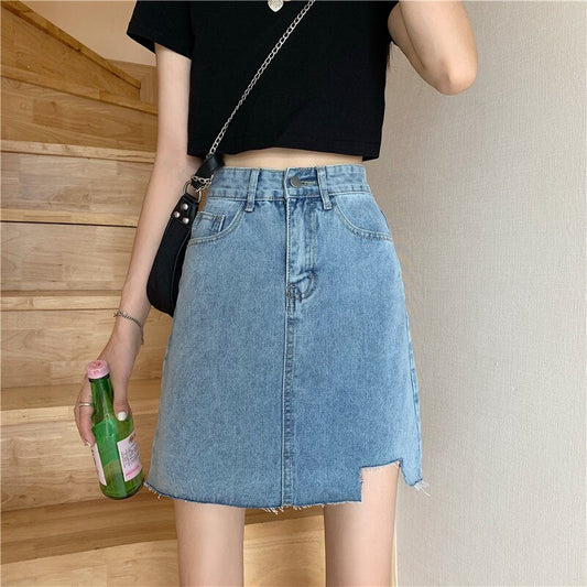 Woman Skirts Temperament Raw Edge Irregular Denim Skirt Female Summer New Style Skirt Korean Style High Waist Slim Short Skirt