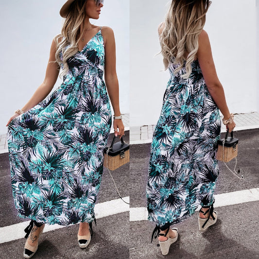 #L5 2021 Elegant Floral Spaghetti Strap Long Dress Women Summer Sexy Deep V-neck Party Dress Lady Sleeveless Maxi Beach Dresses