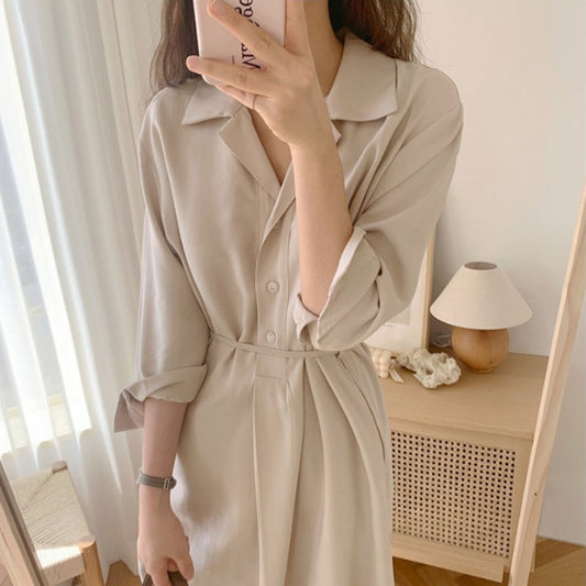 Korean Shirt Dresses Lapel Lace Up Single Breasted Split Fork Light Luxury Temperament Thin And Long Shirt Dress Women