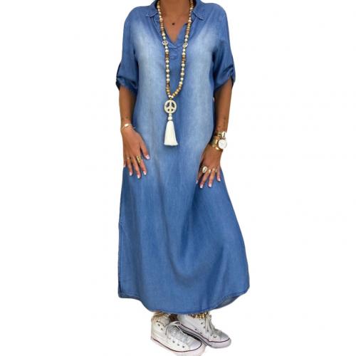 Women Plus size dress Vintage Summer V Neck Half Sleeve Side Slitting Hem Loose Long Denim Dress Hem Loose Long Denim Dress