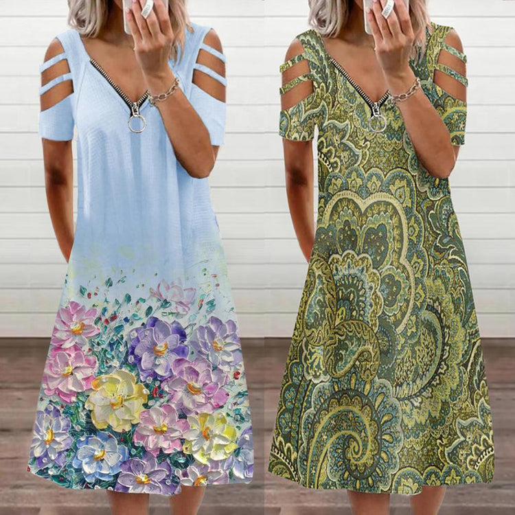 Women Dress Plus Size Elegant Vintage Flower Print Loose Summer Short Sleeve V Neck Casual Midi Out Dresses oversize Streewear