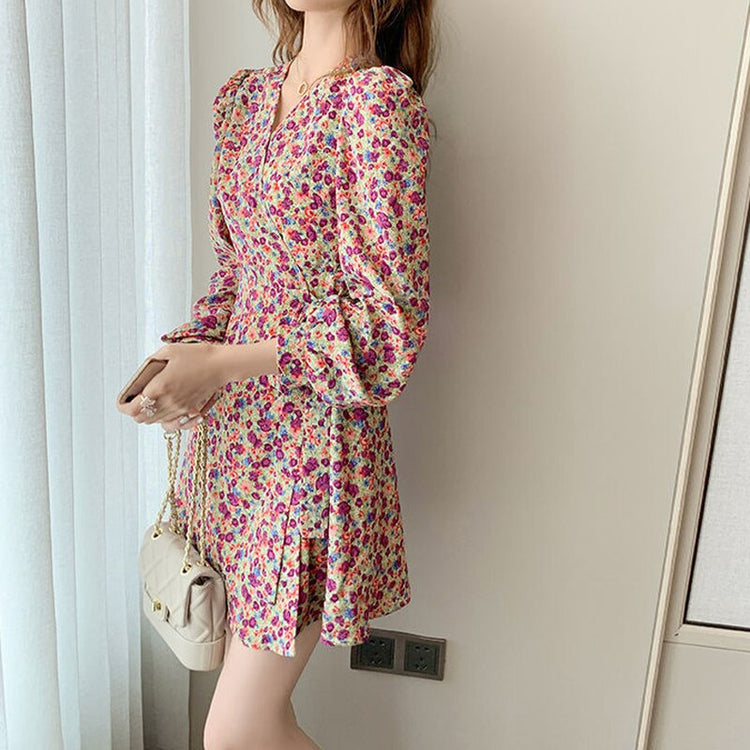 Floral Mini Dresses Women Lace-up Korean Style Chic Trendy Slim Popular Ulzzang Vestido Feminino Summer Leisure Vintage 2021 Ins