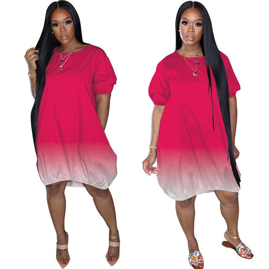 Women's Casual Plus Size Gradient Short Sleeved Midi Dress Round Neck Loose Fit for Summer LXH