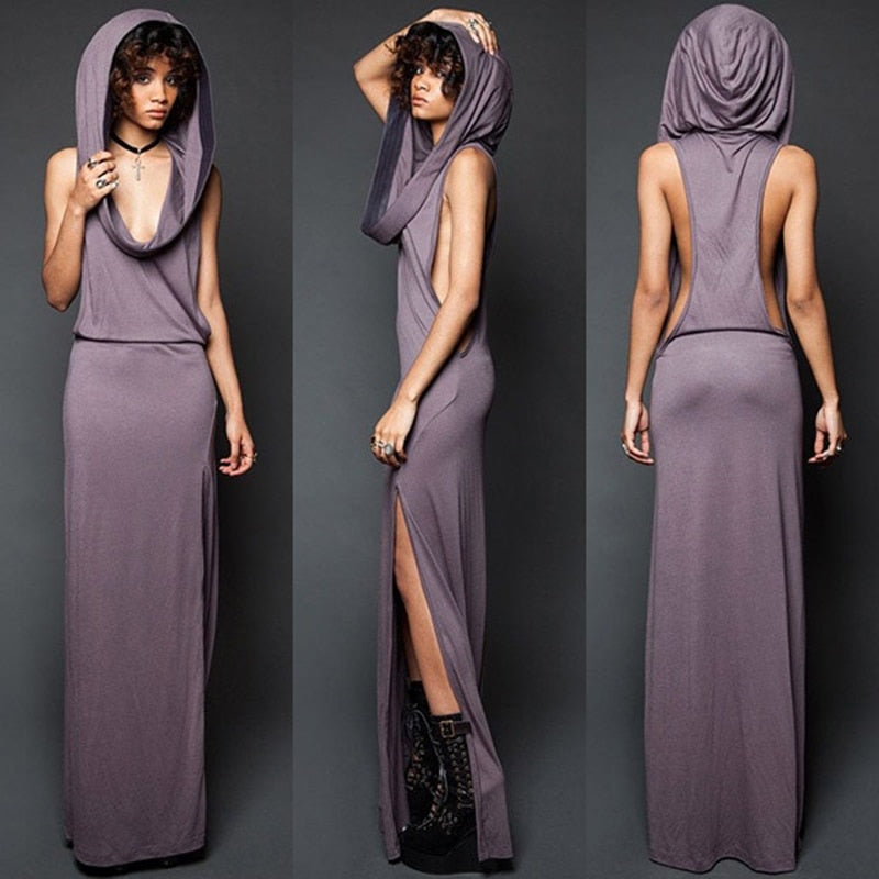 Imily Bela Vintage Hooded Maxi Dress Women Sexy Sleeveless Side Slit Split Bodycon Long Dress Femme Rome Open Side Vestidos