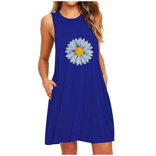 #H40 Plus Size 6XL Dress Women Pocket Daisy Printing Sleeveless A-Line Party Dress O Neck Casual Loose Summer Dresses For Women