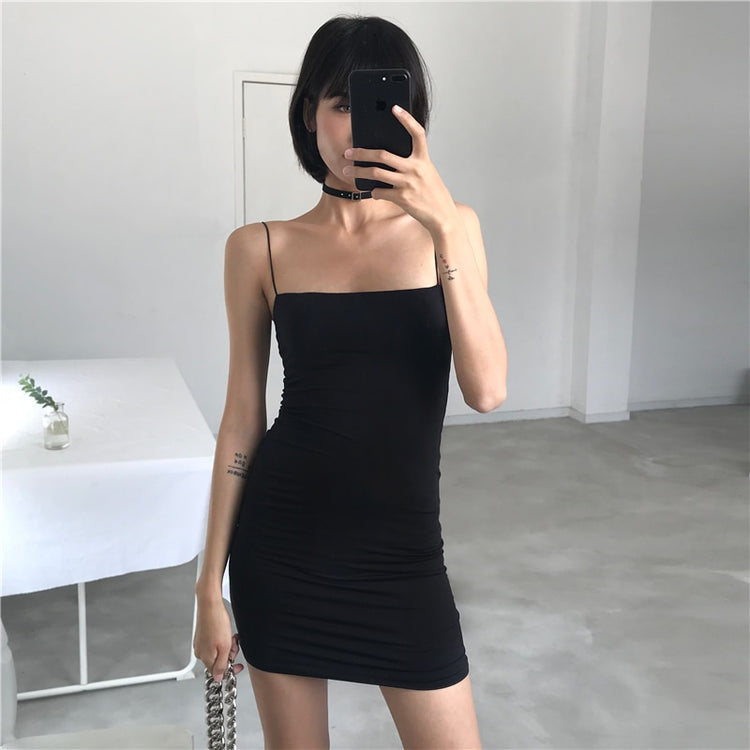 Wearing Sexy Black Mini Dress Sleeveless Spaghetti Strap Strapless Club Bodycon Women Clothing Summer Dresses Femme Clothes
