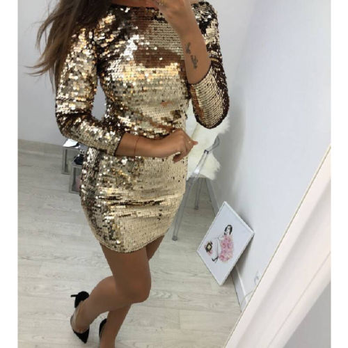 Summer New Fashion Sexy Women Bodycon Golden Sequins Party Dress Ladies Evening Party Stylish Slim Club Short Dresses
