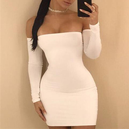 #18 Sexy Womens Off Shoulder Long Sleeves Backless Pure Color Buttock Mini Dress Bodycon Club Sexy Night Party Платье Женское