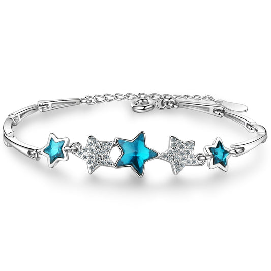Hot 925 Sterling Silver Blue Pentagonal Star Eternal Bracelet for Women Handmade FemaleStackable Zircon Crystal Jewelry Bijoux