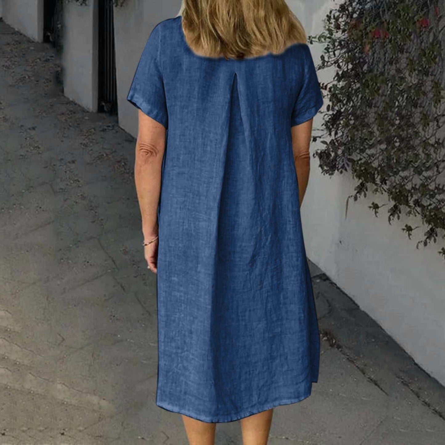 Street Minimalist Style Women'S Dress Casual Daily Wear Soild Color O-Neck Pockets Maxi Dress Loose Short Sleeve Linen Dresses