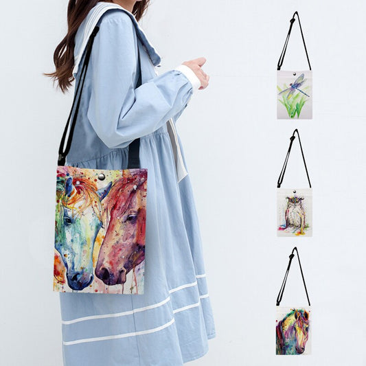 Fashion Watercolor Birds Horse Print Messenger Bag  Women Small Shoulder Bag Handbags Wallet Casual Outdoor Crossbody Bags