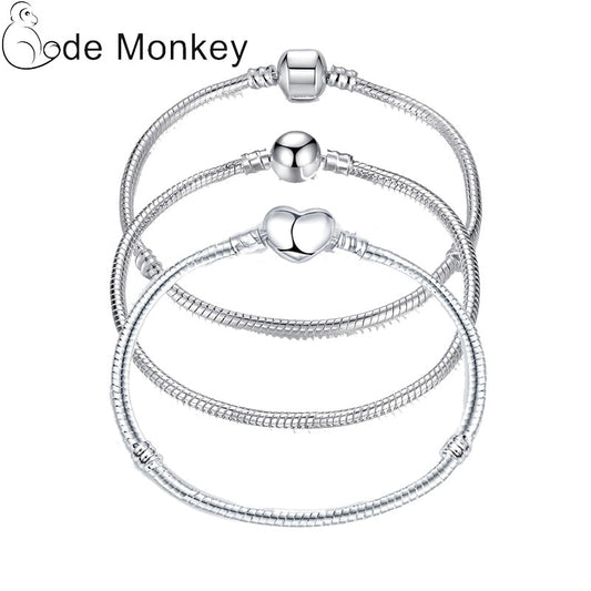 17-21cm Silver Color Love Snake Chain Bracelet Fit Original Design Charm DIY  Bangles Jewelry Making Fashion Gift