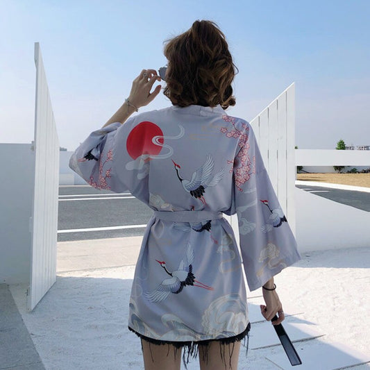 #5310 Black Grey Chiffon Wrap Coat Women Cardigan Kimono Coat Female With Belt Vintage Beach Boho Kimono Coat Women Loose Thin