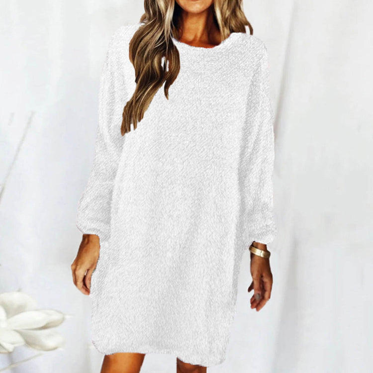 Women Long Sleeve Loose Plush Pullover Sweater Dress Autumn and Winter Casual Comfortable Sweater Soft White  Jumper Sweaters