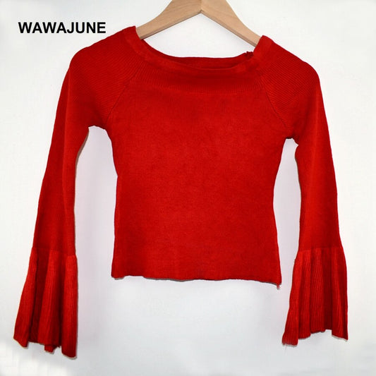 #107 Hot Red Knitwear Flare Sleeve Slash neck Elegant Classical Jumpers For Women Tight Top Casual Autumn Ladies Thick
