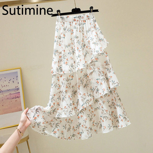 Sutimin Summer Women Skirts Inner High Waist A-line Floral Printed Ruffle Skirts Women Cute Sweet Girls Dance Mini Skirt Kawaii