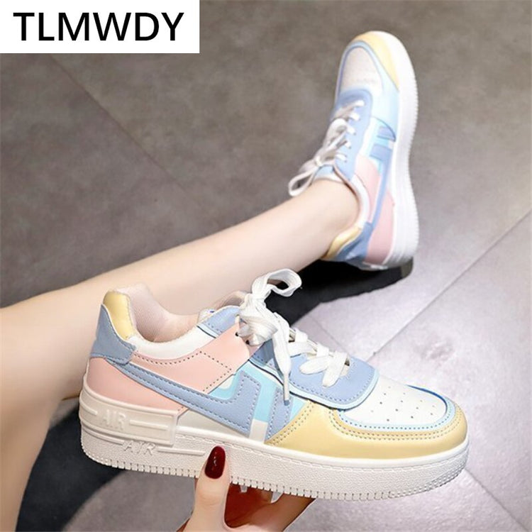 2021 New Autumn Women Vulcanized Shoes Comfortable Lace-up Low-heeled Casual Shoes Fashion Color Matching Sneakers for Woman
