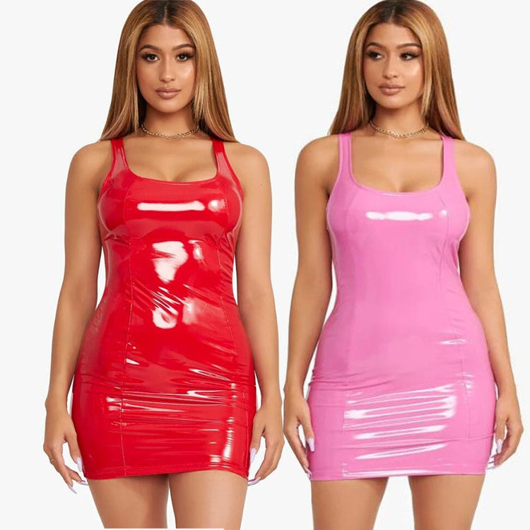 Sexy Pink PU Leather Bodycon Dress New Summer Women Sleeveless Low Cut Back Zipper Elastic Mini Dress Party Club Dresses Vestido