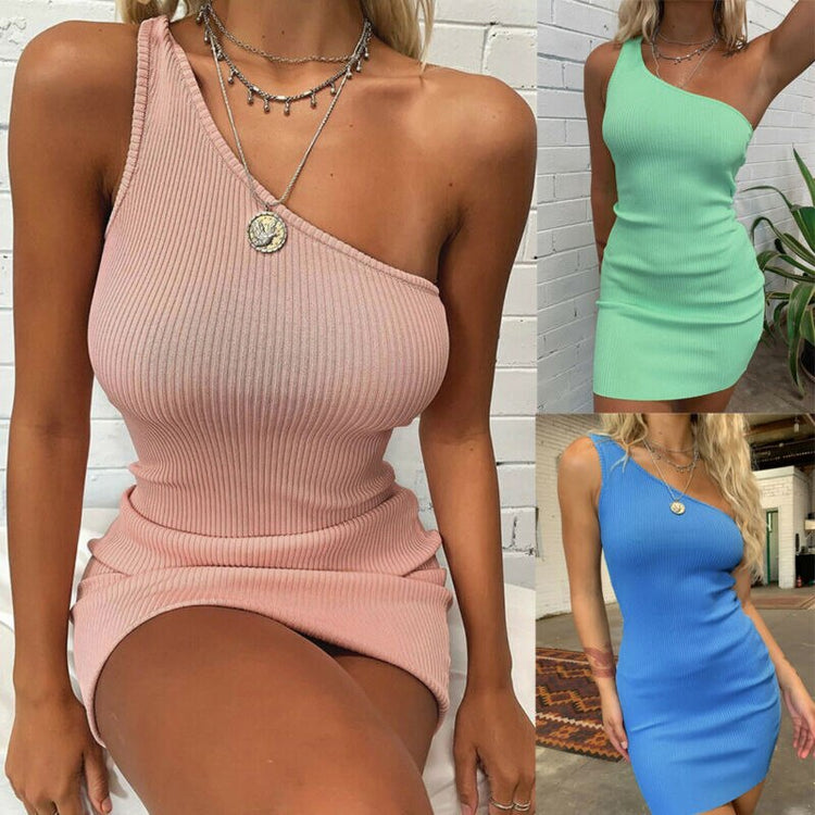 US Women Sexy Ladies One Shoulder Bodycon Mini Dress Ladies Evening Party Casual Dress Solid Color