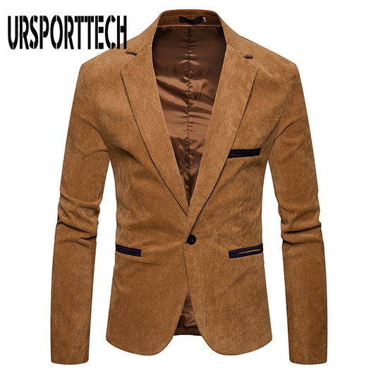 URSPORTTECH 2020 New Brand Corduroy Blazer Men Solid Slim Fit Single Button Dress Suits Men Fashion Casual Men's Suit Jackets