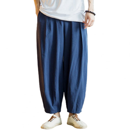 Men Harem Pants Solid Color Full-length Straight Elastic Waist Pockets Sweatpants Sports Wide Leg Men Summer Trousers 2021