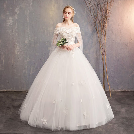 Wedding Dresses Illusion V-Neck Short Tulle Lace Embroidery Off The Shoulder Backless Floor-Length Vintage Lady Bride Gown GB164