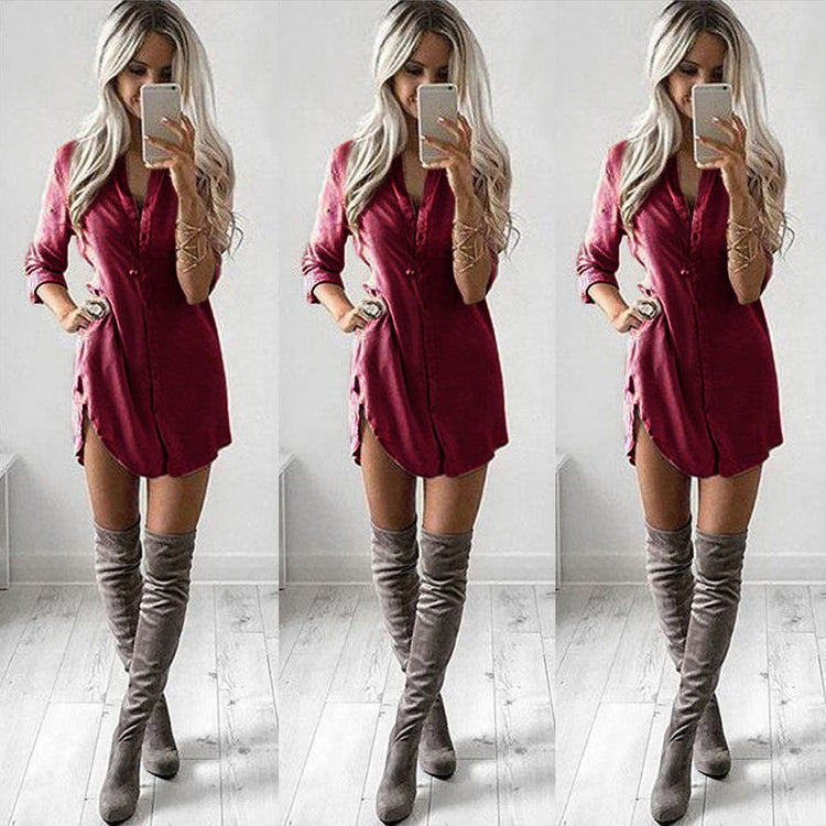 Casual Style  Dres  Sexy V-neck Long-sleeved Shirt Dress Loose Chiffon Solid Top  Casual Women's Mini Dress 2021 New Arrival