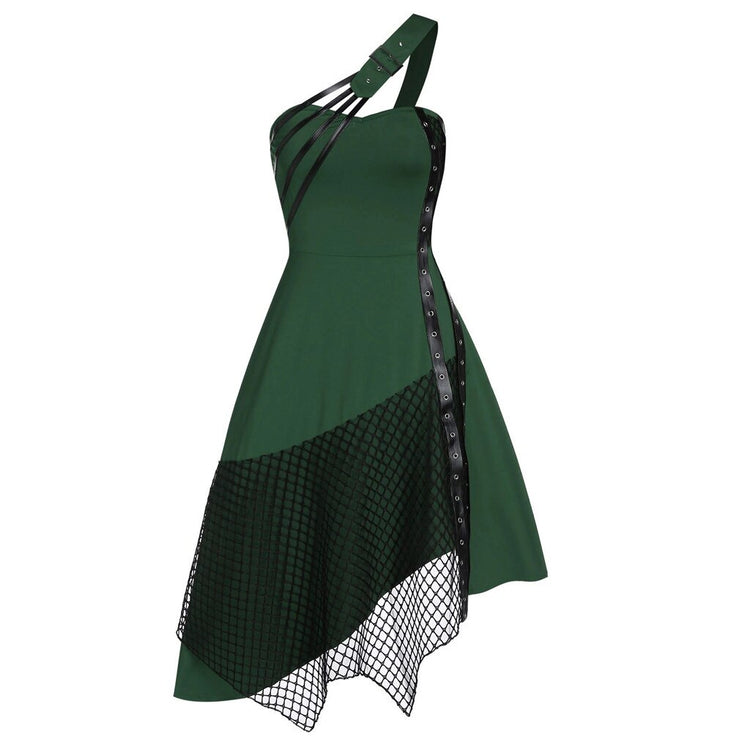 Vintage Gothic Dress For Women 2020 Patchwork Sleeveless Solid Black One Shoulder Lace Up Irregular Dress Ladies Dresses#J3