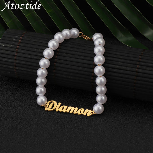 Atoztide Personalized Name Custom Letter Bracelet for Women Pearl Bangle Stainless Steel Nameplate Elegant Jewelry Birthday Gift