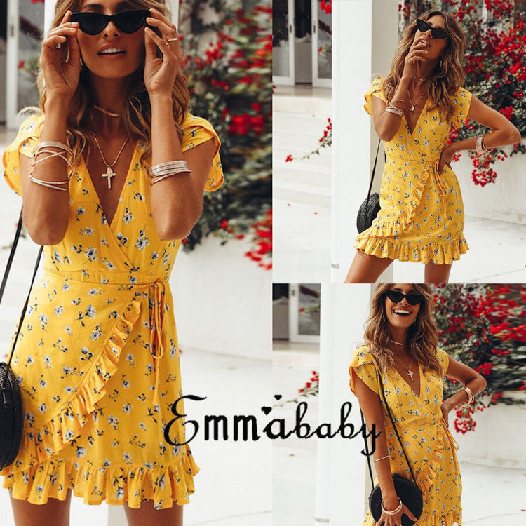 Trendy Women dress V-neck short sleeve Flower print Sexy Summer Bandage Bodycon Party Casual Polyester Mini Dresses one pieces