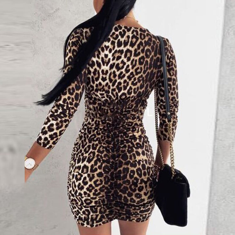 Elegant Leopard Print Folds Sexy V Neck Long Sleeve Short Women Dress Fashion Slim Bodycon Party Dresses Autumn 2021