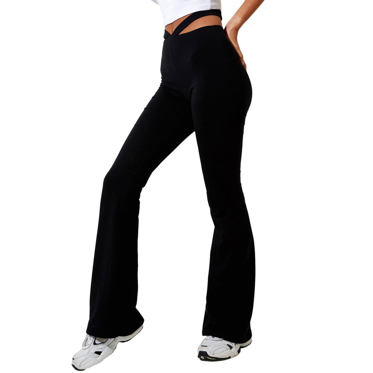 Fashionable Women's Skinny Slim High Flared Pants Black Solid Color High Waist Pants Hollow Design S/M/L/XL