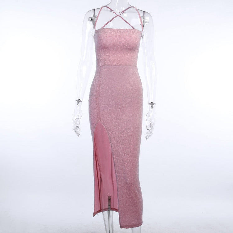 2021 Glitter Pink Lace Up Open Back High Split Maxi Dress 2020 Fashion Summer Club Bodycon Dresses Woman Party Night