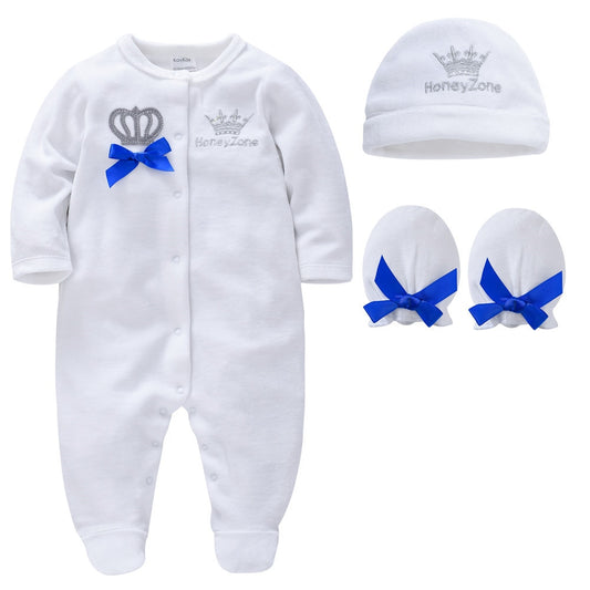 Unisex Autumn Winter Baby Boy Clothes Set 3 PCS/Lot Thicken Cotton Newborn Crown Design Rompers 0-12 Months Toddler Jumpsuit