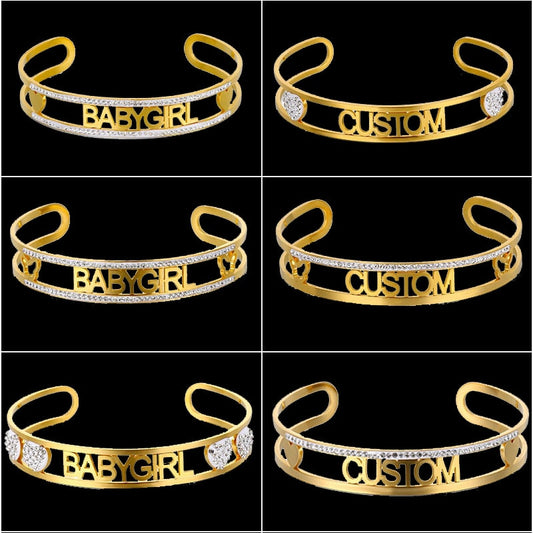 Stainless Steel Custom Name Bracelet Bangles for Women Personalized Customized Gold Fashion Paved Diamond Cuff Bangle Jewelry