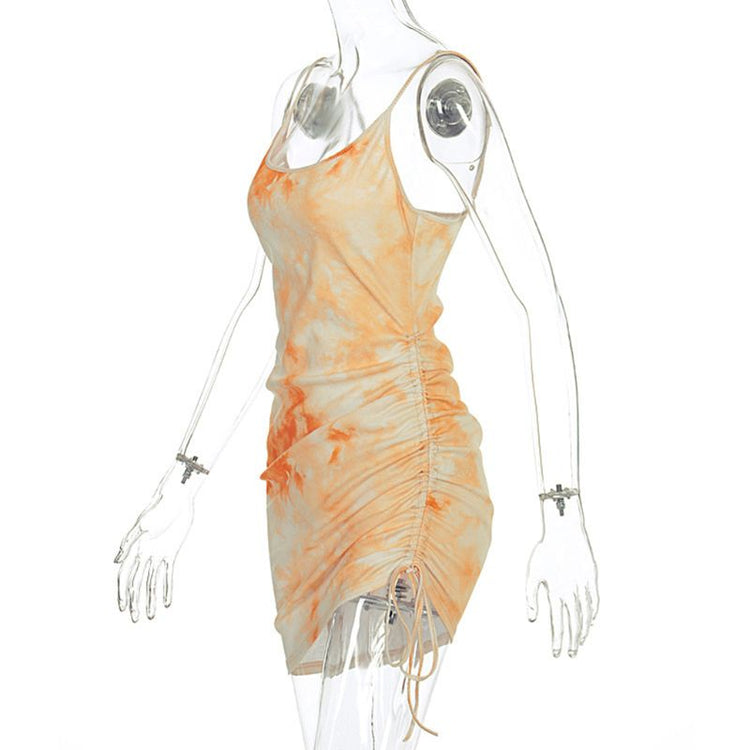 Women Sleeveless Ribbed Ruched Drawstring Tie-Dye Backless Bodycon Mini Dress