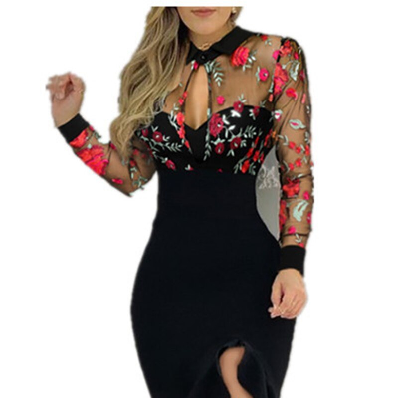 Spring Women's Sexy Black Rose Embroidery Dress Slim Irregular Bodycon Dress Fashion Elegant Party Dresses 2021