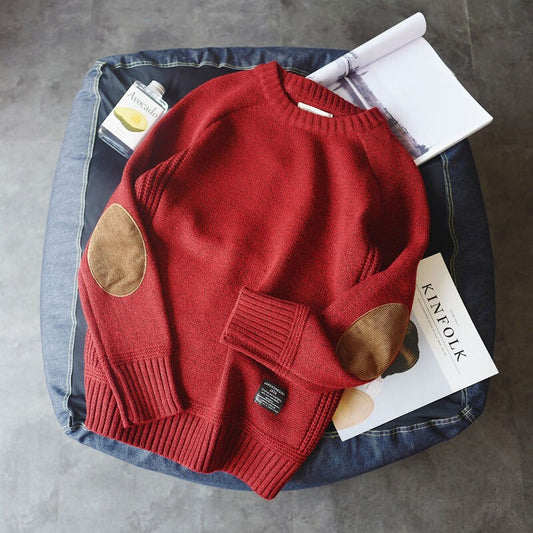 Japanese retro sweater men's college wind patch stitching hit color thick round collar knitwear men's tide sweater
